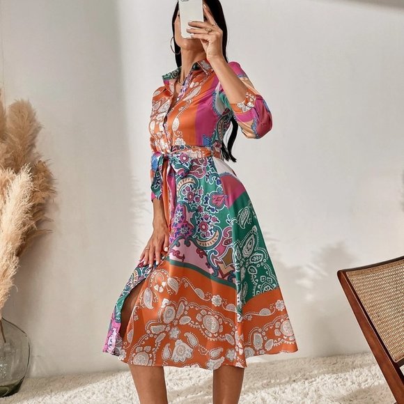 Multicolor Boho Womens Color-block Paisley Print Belted Shirt Dress - Picture 4 of 5